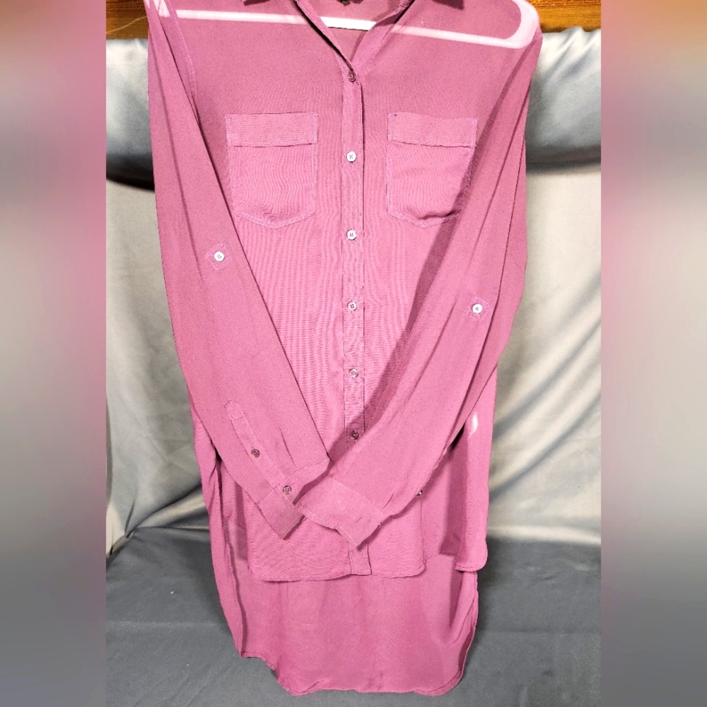 Express tunic sheer chiffon soft burgundy tunic top with cuffed sleeves and tabs